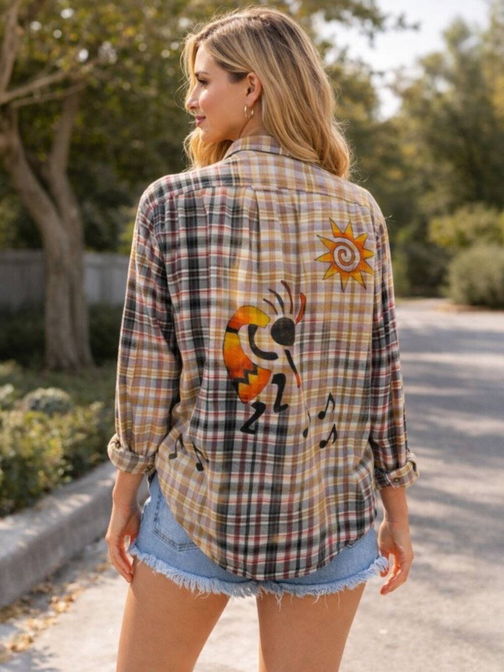 Upcycled Hand Painted Music Notes Kokopelli Flannel Shirt - Bleached Blue L